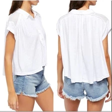 Free People White Low Down Henley Knit Collared Button Flowy Blouse Shirt Sz. S