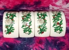 Set of 4 Vintage Ceramic Napkin Rings Christmas Holly & White Roses