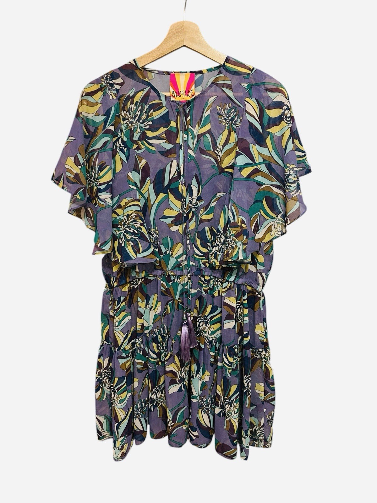 Badgley Mischka Boho Floral Short Dress Sz XL Purple Sheer Ruffle Flutter Sleeve