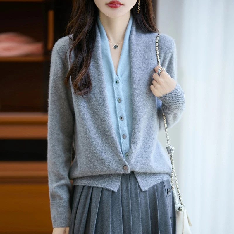 Otoño Nuevo Cárdigan 100% Lana Para Mujer Mangas Largas Tejido Cálido Lana Suelto Prendas para el torso Foto 4 de 4