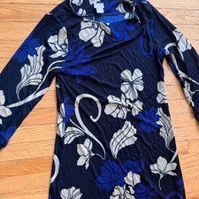 Chicos Travelers Floral Midi Dress Navy Blue Size 1 Medium Stretch 3/4 Sleeve