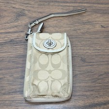 Coach Signature Khaki Brown Canvas Leather Tech Wristlet Phone Wallet Turnlock