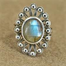 Size 7, vintage Sterling 925 silver handmade ring with labradorite and beads