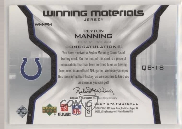 2007 SPx Winning Materials Jersey Number Peyton Manning #WM-PM HOF - Image 2 of 2