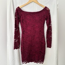 Ambiance Burgundy Lace Bodycon Dress Long Sleeve Boat Neck Size S