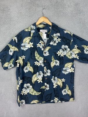 Summa Shirt Mens Large Blue Silk Hawaiian Aloha Camp Button Front Floral Resort