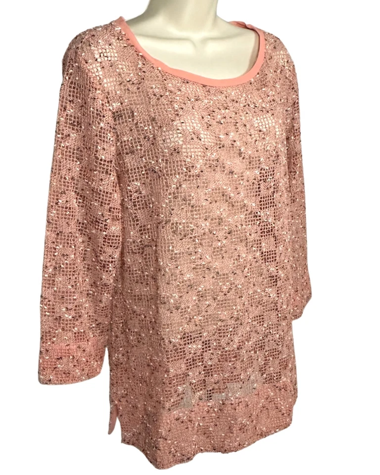 Peck & Peck 女式珊瑚钩针束腰上衣毛衣长袖 XL 码 — 第 2/4 张图片