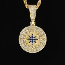 2Ct Sapphire Compass Pendant Medallion Charm 1.65" Charm 14K Yellow Gold Finish