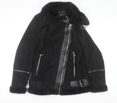 Pull&Bear Bikerjacke Damen schwarz mit Kunstfell gefüttert XS