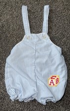 Vintage Shortall Bubble Romper Blue Gingham Alphabet Letter Block 12m Seersucker