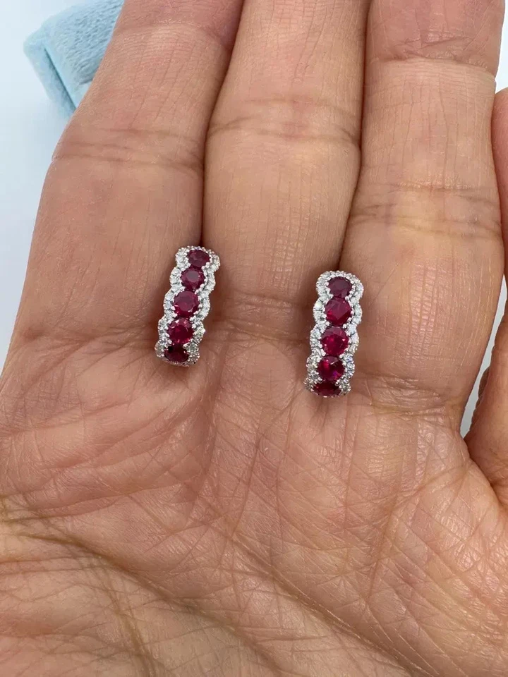 1.20Ct Round Cut Lab-Created Red Ruby Huggie Hoop Earrings 14K White Gold Plated - Image 4 of 4