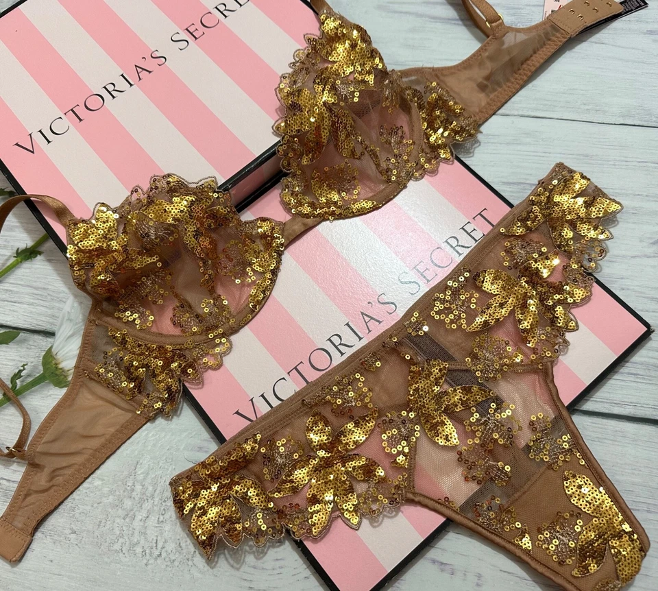 Victoria's Secret Ziggy Glam Lentejuelas Corte Bajo Demi Sujetador Tanga Conjunto Dorado Foto 2 de 4