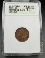 1905 Indian Cent Penny Error Variety ANACS AU Details RPD S-6Repunched Date