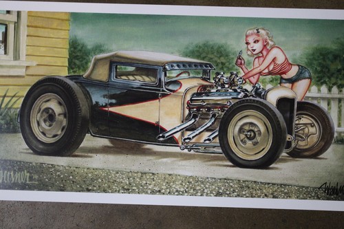 Signed Keith WEESNER poster print vtg 1930 1931 Ford Hot Rod coupe oop Cad V8 - Picture 3 of 4