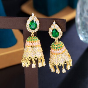 Authentic Religion Gold Plated Cubic Zirconia Tassel Dangle Long Bell Drop Earrings Women