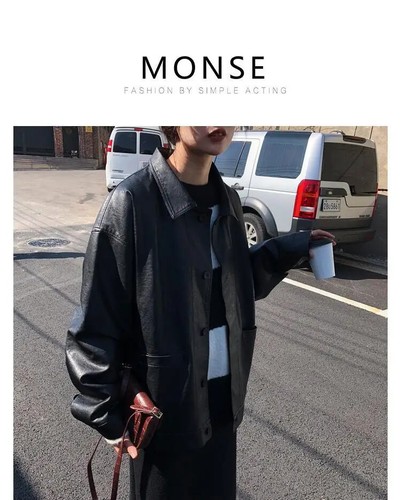 Schwarze Winter Lederjacke lose dünne Motorradjacke weibliche Oberbekleidung Biker Mäntel - Bild 15 von 19