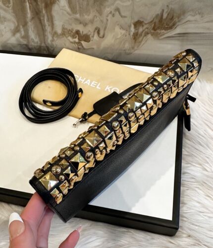 Rare Limited Edition Michael Kors Studded Leather Gia Black Gold Clutch Bag - Picture 5 of 7