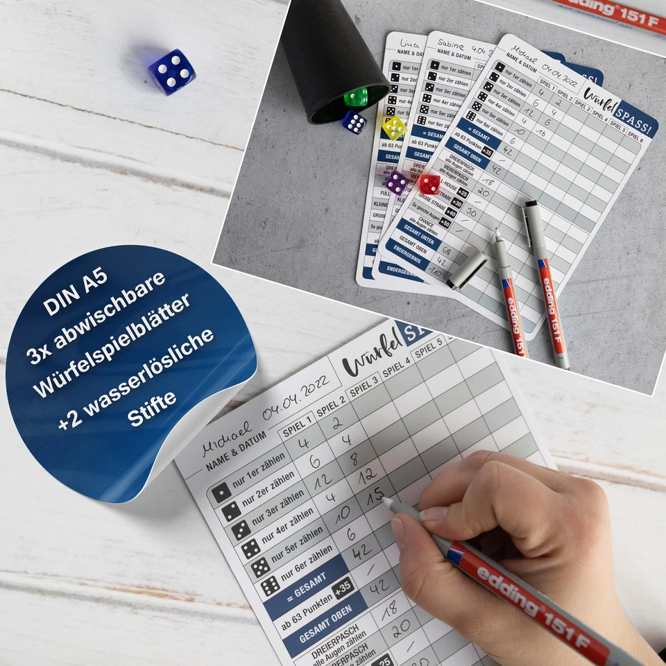 Würfelspiel abwischbar +2 Stifte 3x / 5x A5 Blätter wiederverwendbar Knobelblock - Bild 4 von 4