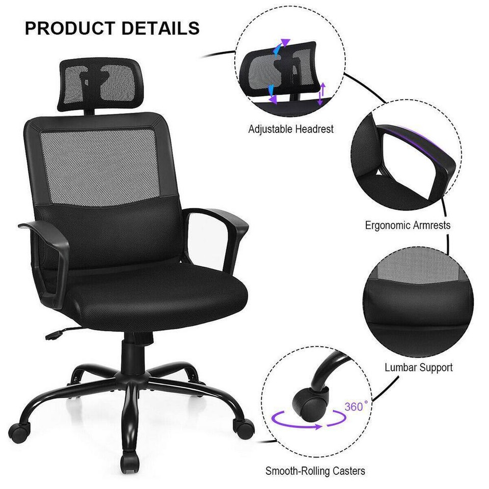 Mesh Adjustable Headrest Office Chair High Back 360° Swivel w/Support