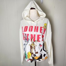 Looney Tunes Cropped Hoodie Womens Sz L Fleece Bugs Daffy Sylvester Marvin Wile