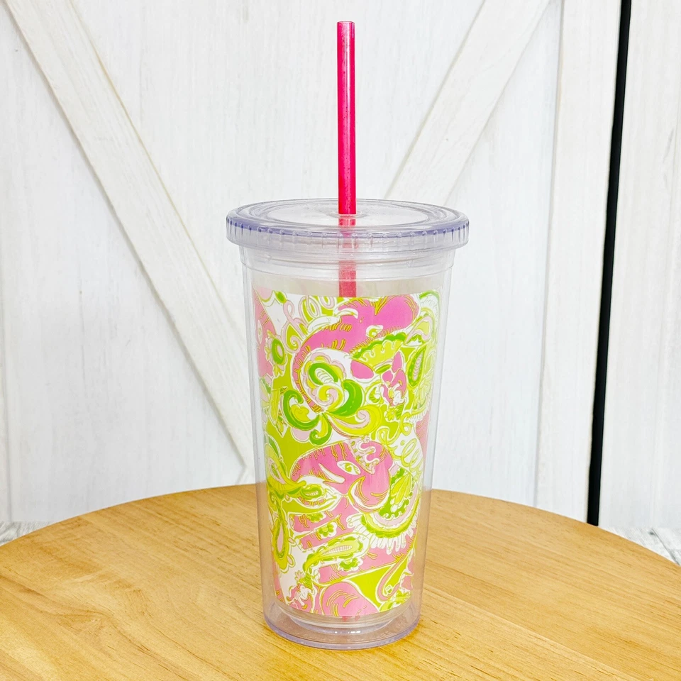 Copo de acrílico Lilly Pulitzer Elephants rosa verde 20 oz tampa palha - Imagem 3 de 4