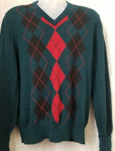 Vintage Nieman Marcus Green Argyle V Neck Wool Sweater Sz L ENGLAND MADE - Picture 6 of 7