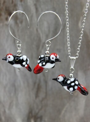 Edelstahl Schmuck Set Ohrringe Kette Vogel Specht Buntspecht Lampwork #E042