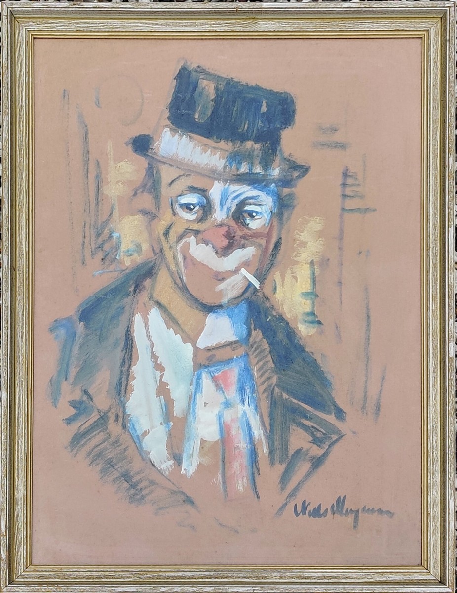 clown smoking cigarette painting Niels Mogensen (1903-1965): PORTRAIT OF A SMOKING CLOWN, original pastel