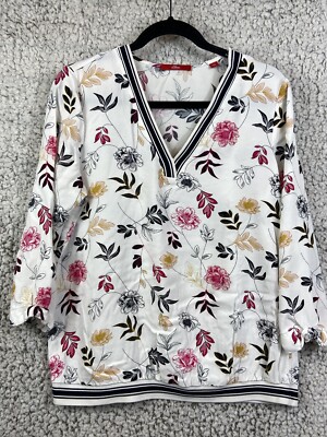 s.Oliver white floral 3/4 sleeve V- Neck elastic waist blouse women's size 10