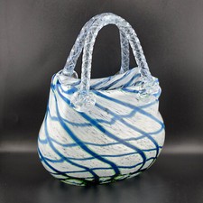 Hand Blown Murano Style Art Glass Basket White w/ Blue Swirl Pattern