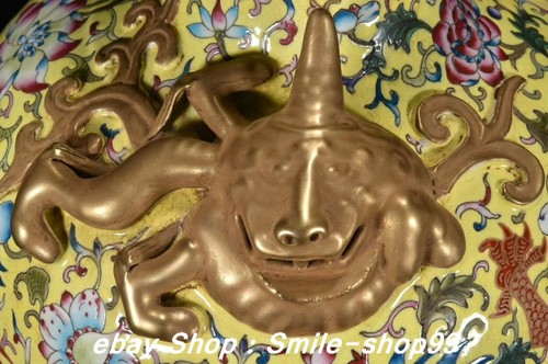 Qianlong Marked Enamel Porcelain Gold Dragon Unicorn Head Vase Bottle Pair - Picture 8 of 9