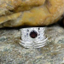 925 Sterling Silver Spinner Garnet Red Stone Wide Band Women's Birthstone Ring