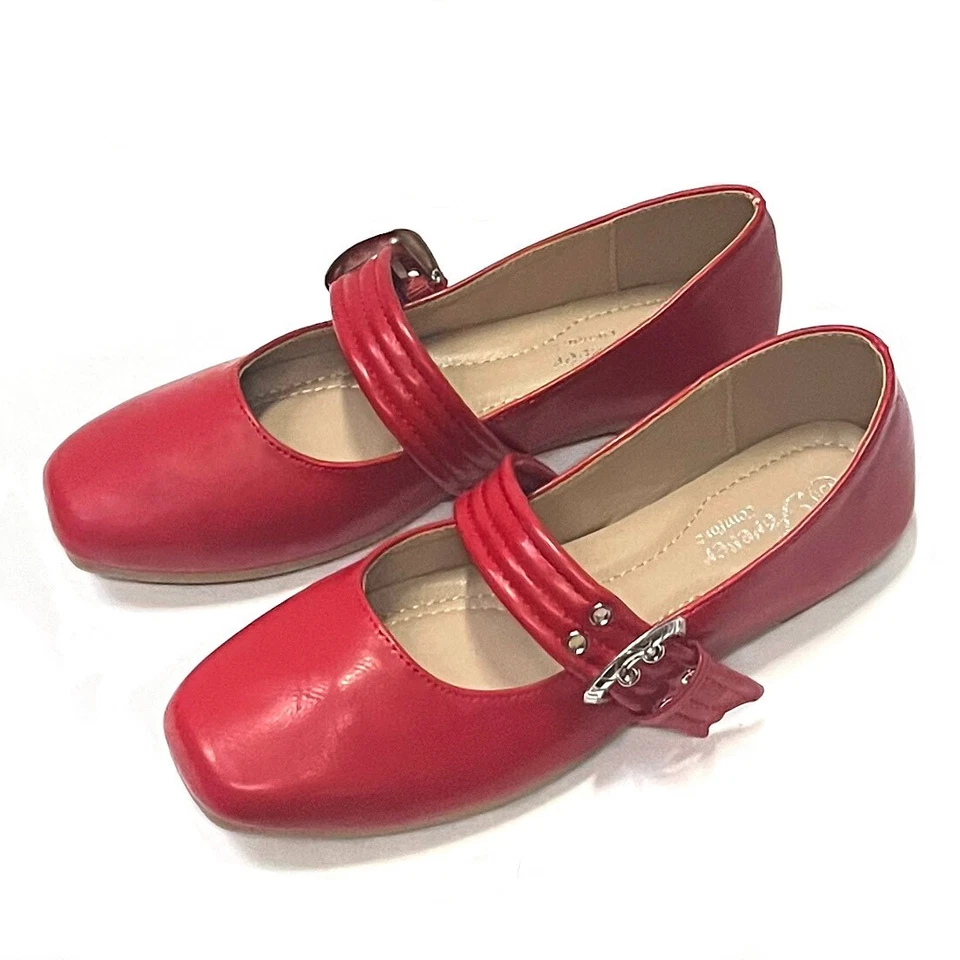 Nuevo Mujer Rojo Mary Jane Puntera Cuadrada Doble Correas Ballet Pisos 5 a 10 Foto 4 de 4