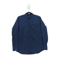 UNIQLO Men M Shirt Navy Blue Fine Cotton Broad Print Button Collared Long Sleeve