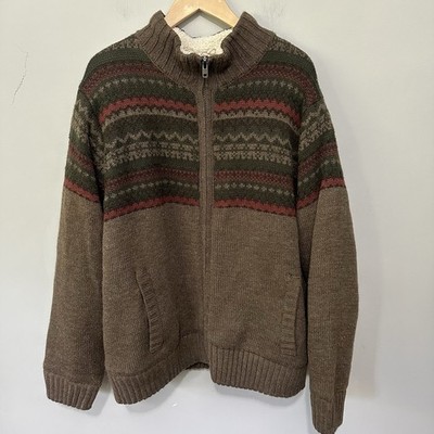 Field & Stream Sweater Mens XXL Brown Full Zip Cardigan Sherpa Lined Fair Isle