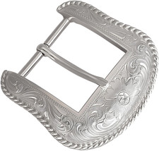 Western Belt Buckle for Men Women - Silver Cowboy Buckle, Engraved Floral Desi