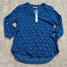 Cynthia Rowley Geometric Blouse Women's S Retro Roll Sleeve Blue Black Work NWT 