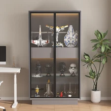 Modern Bookcase Grey Pantry Freestanding Display Cabinet with 2 Storage Drawers