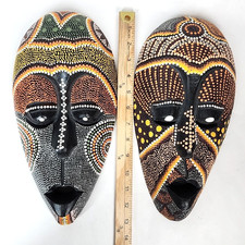 Vtg Pair Indonesian Hand Carved Dot Painted Wood Tribal Mask Wall Decor Colorful