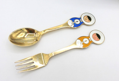 ANTON MICHELSEN 1969 Greenlander Gilt Silver & Enamel Christams Spoon & Fork Set