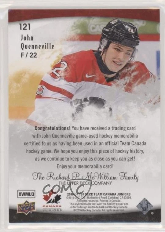 2016 Upper Deck Team Canada Juniors Jerseys John Quenneville #121 Rookie RC - Image 2 of 2