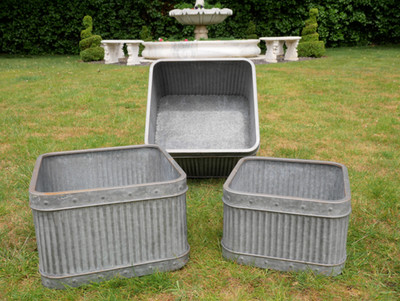 3er Set Pflanzgefäße verzinkt Metall Zink Wanne groß quadratisch Dolly Garten Trommeltöpfe