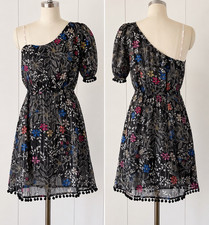 Raga One Shoulder Floral Chiffon Mini Dress Pom-Pom Hem Sheer Size S Black
