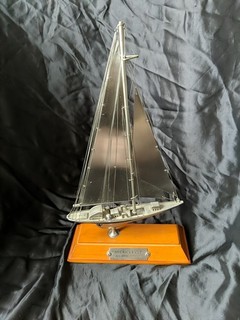 Brushed Steel Vintage Model Sailboat Americans Cup J Glass Sloop 1930