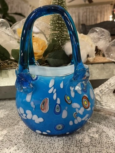 MURANO STYLE Hand Blown Art Glass Purse Hand Bag Vase Blue Dot Design 8x5x3