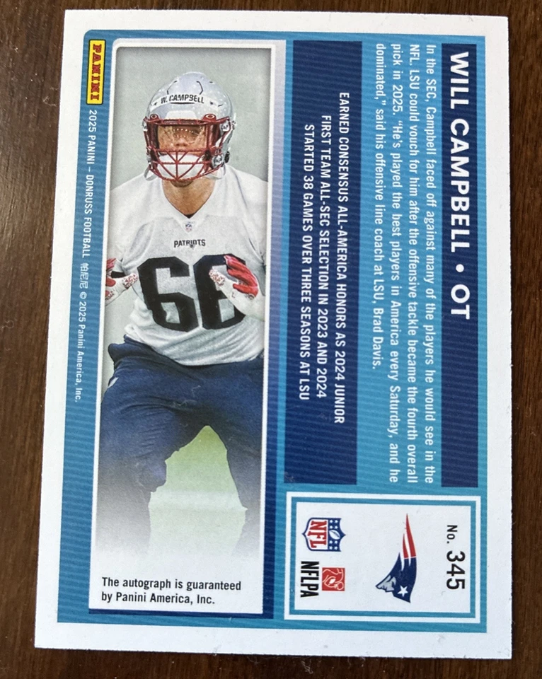 2025 DONRUSS WILL CAMPBELL ОРАНЖЕВЫЙ РЕЙТИНГ ДЕБЮТАНТ С АВТОГРАФОМ #345 КАК НОВЫЙ - Изображение 4 из 4