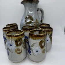 Vintage Tonala Large Pitcher And 7 Cups Set. Signed a By FM , Mexico.  Nice!