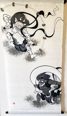 Kyoto Hangin scroll Kakejiku Tapestry Handpaint Fujin Raijin