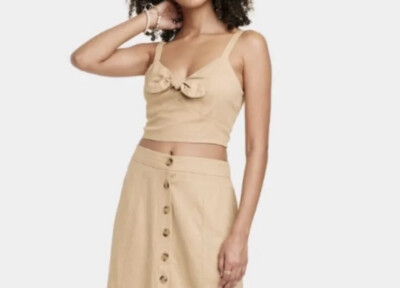 Women s Universal Thread Cropped Linen Bow Front Sleeveless Top Tan M NEW!