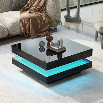 31.5''Modern High Gloss Black  Square Coffee Table W/LED Lights Remote Control US